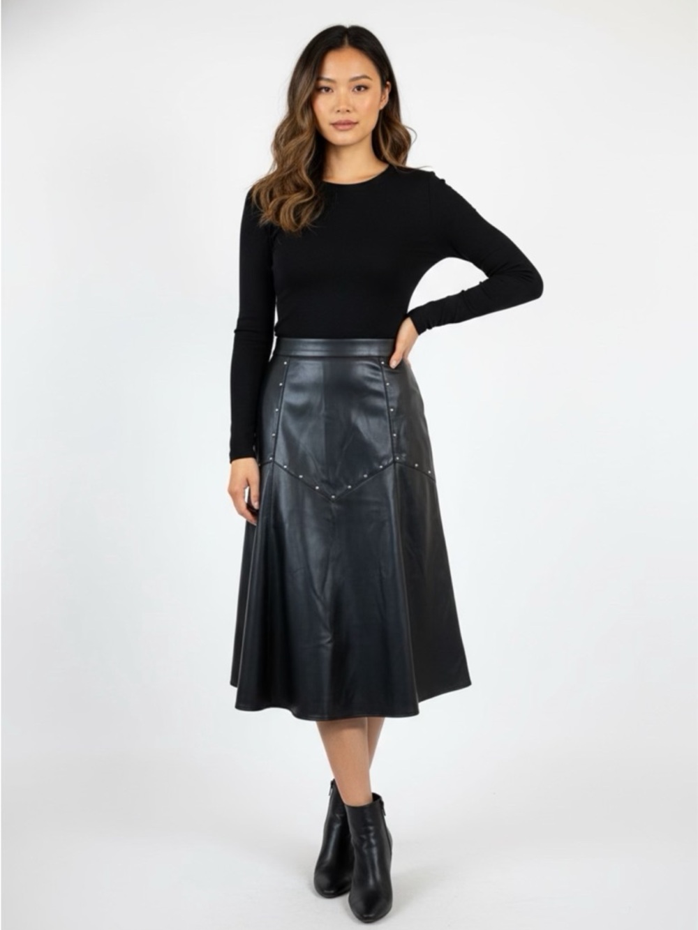 Black Faux Leather Midi Skirt with Stud Detail